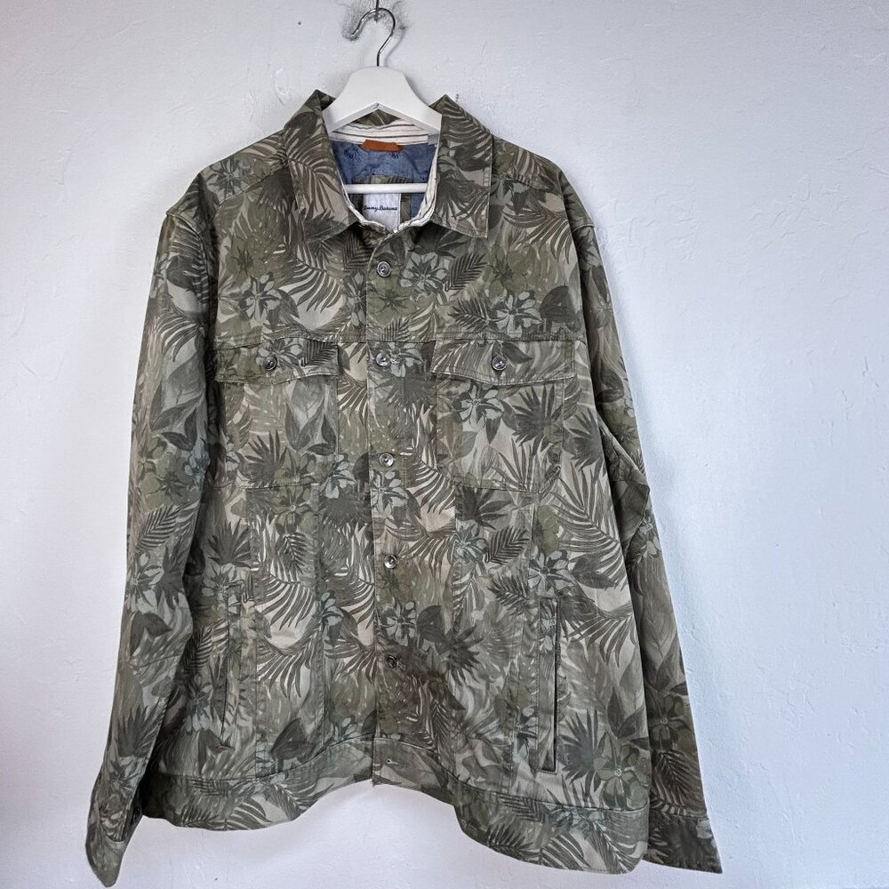Tommy Bahama Mens 2XL Boracay Como Camo Trucker Jacket Tea Leaf Green Pockets